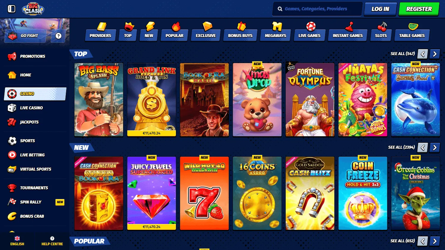 Bigclash Casino desktop games interface with casino and live game options