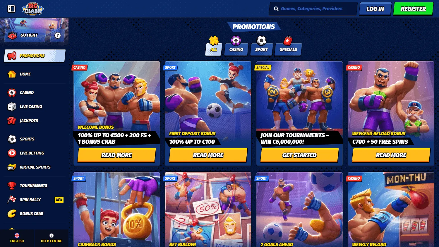 Bigclash Casino desktop promotions interface with bonus and tournament offers