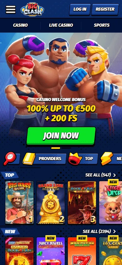 Bigclash Casino mobile website home interface