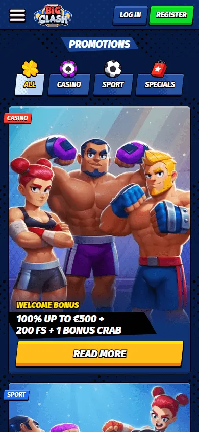 Bigclash Casino mobile promotions interface with bonus offers