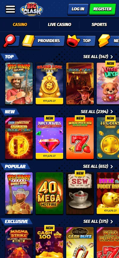 Bigclash Casino mobile games interface with casino game options