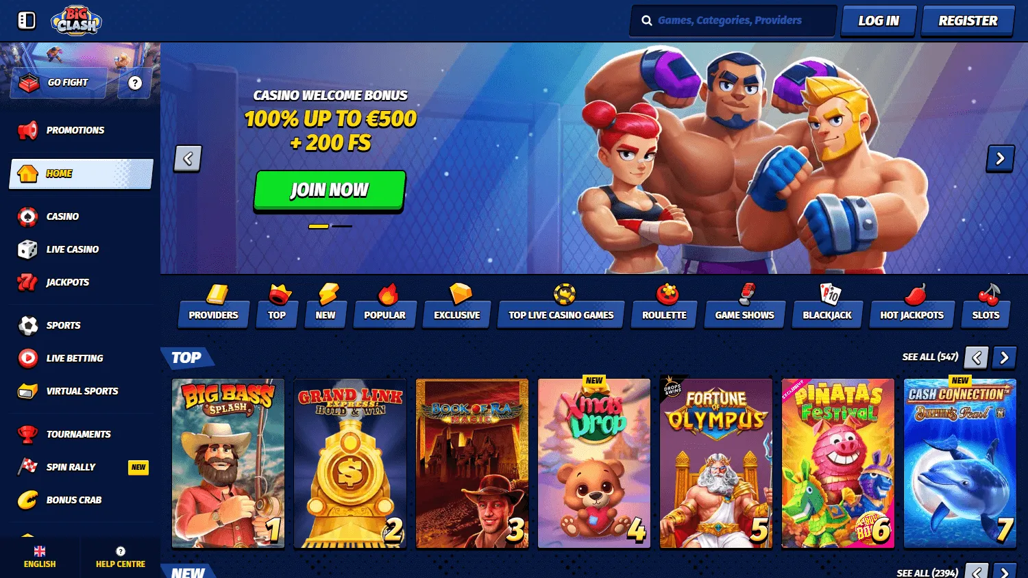 Bigclash Casino desktop home interface with casino and sportsbook access